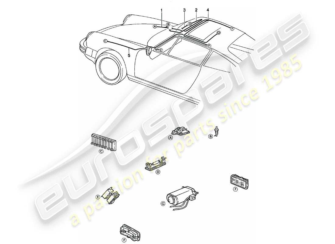 porsche 911 (1979) wiring harnesses - front luggage compartment - interior lights - sunroof part diagram