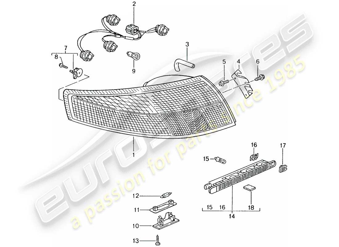 porsche 2002 (996 gt3) rear light - license plate light - additional brake light part diagram