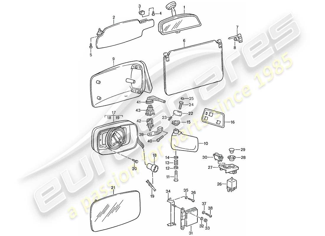 porsche 928 (1987) sun vizor - rear view mirror inner - rear view mirror part diagram