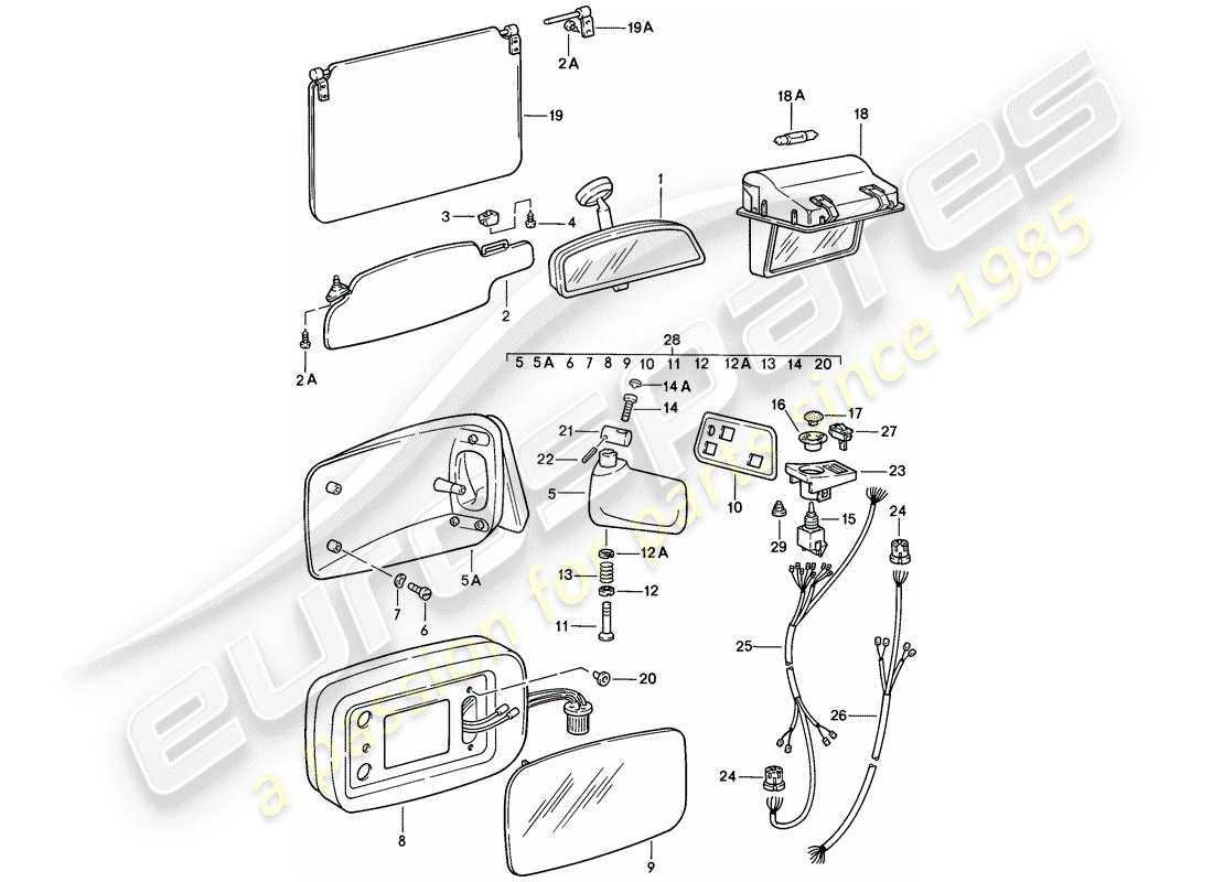 porsche 1986 (928) rear view mirror inner - sun vizor - rear view mirror part diagram