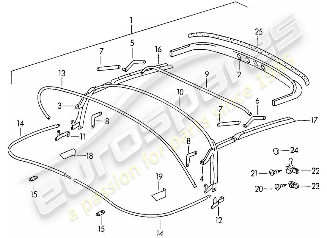 porsche 1955 (356/356a) top frame - tonneau cover part diagram