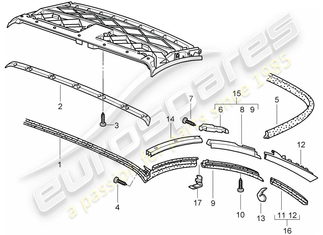 porsche 2004 (996) convertible top - seal strip part diagram