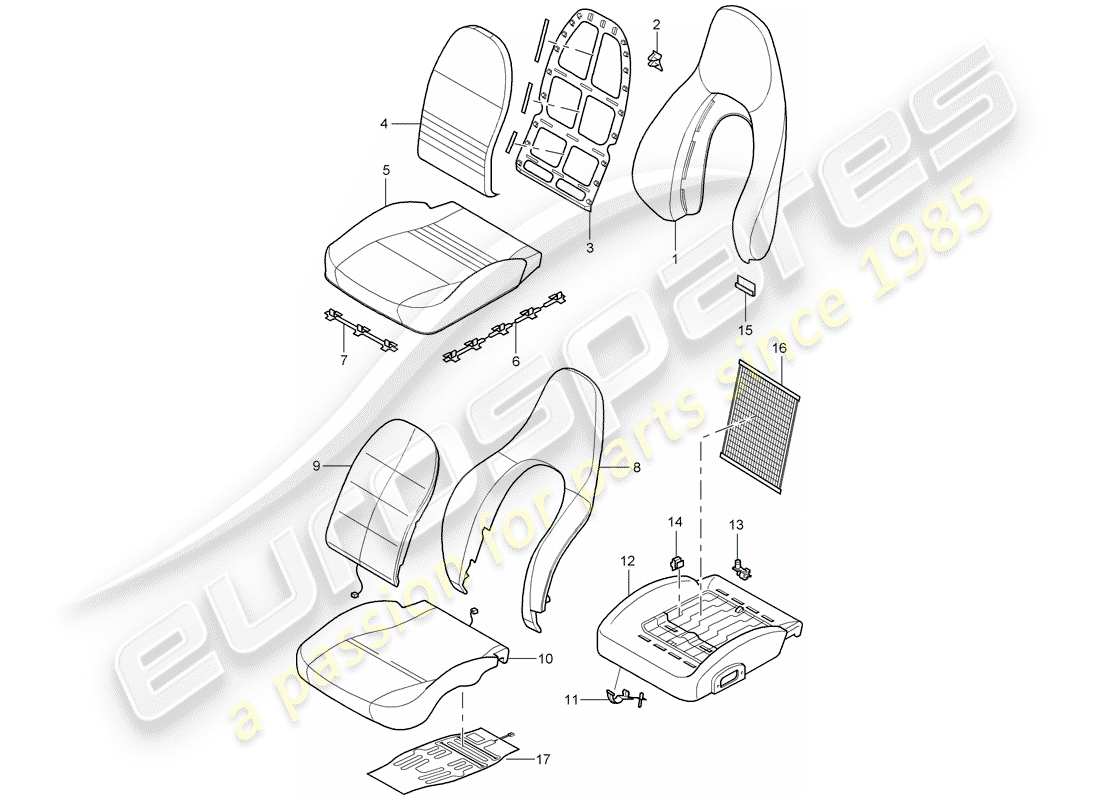 porsche boxster 986 (2003) seat covers - backrest covers - foam part - standard seat - comfort seat part diagram