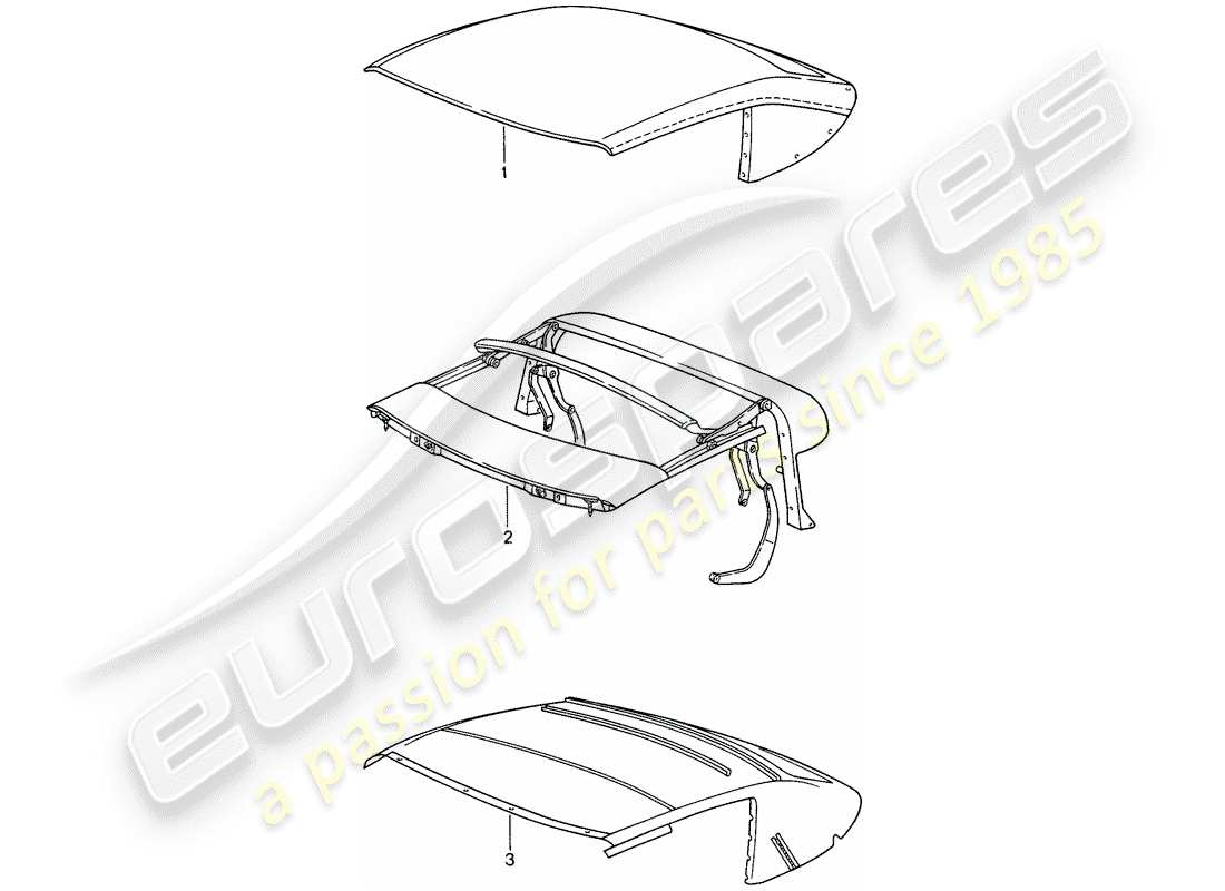 porsche 993 (1997) convertible top covering - top frame - roofliner part diagram