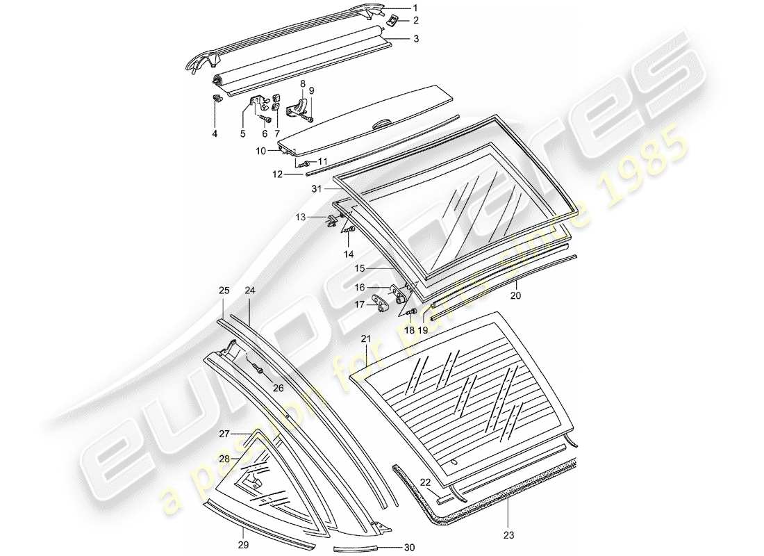 porsche 1998 (993) glass roof parts diagram