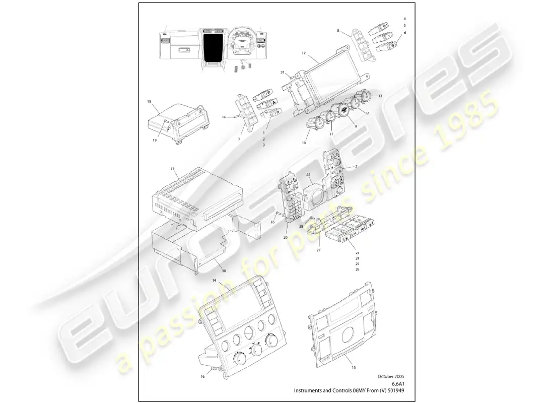 aston martin vanquish (2001) instruments & controls parts diagram