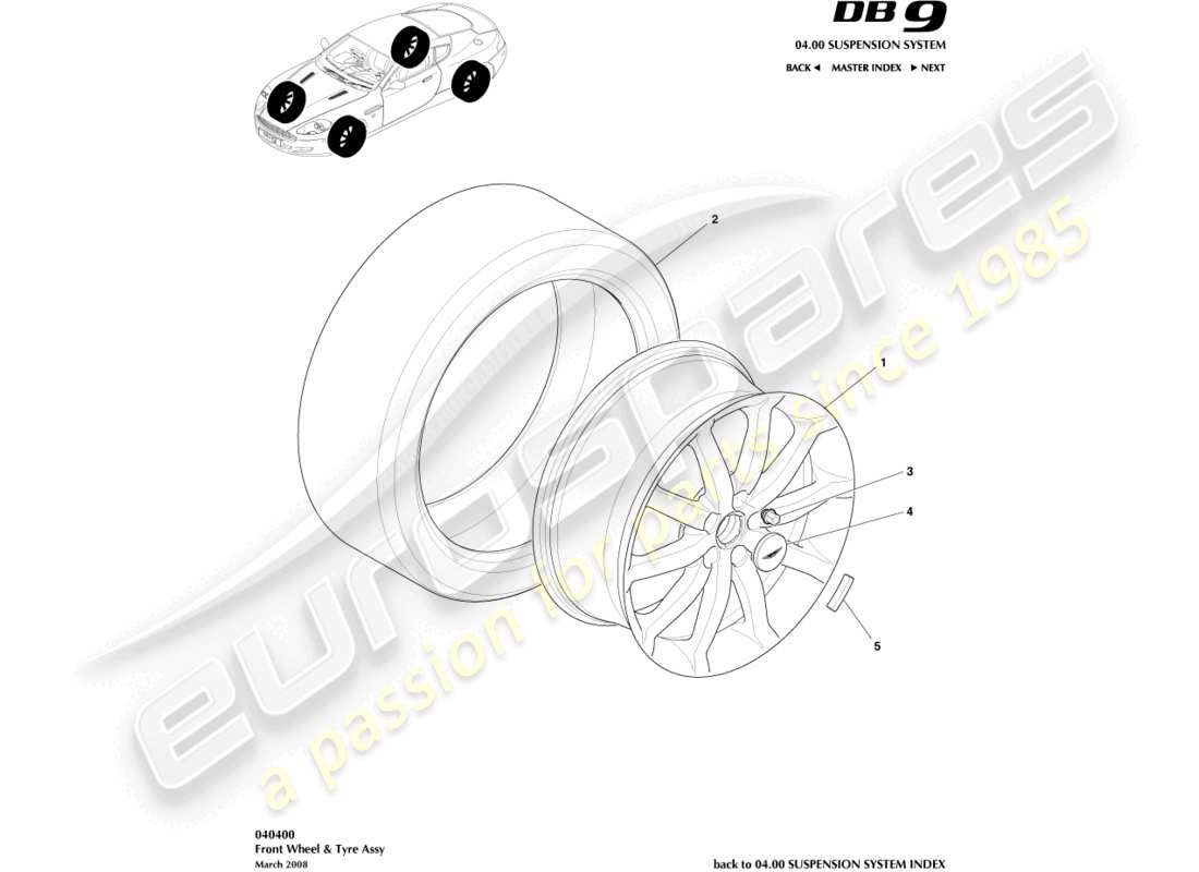 aston martin db9 (2004) wheels & tyres part diagram