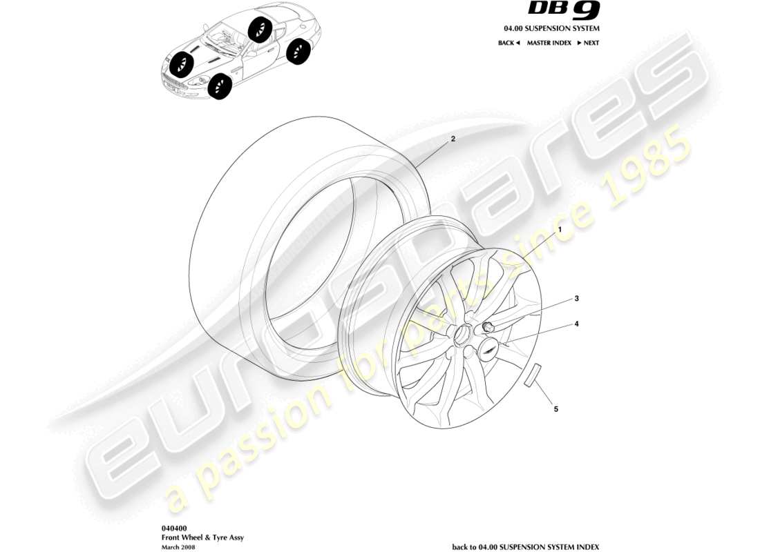 aston martin db9 (2004) wheels & tyres parts diagram