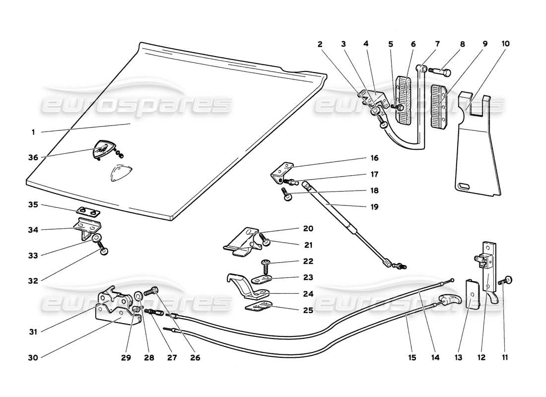 lamborghini diablo 6.0 (2001) front bonnet parts diagram