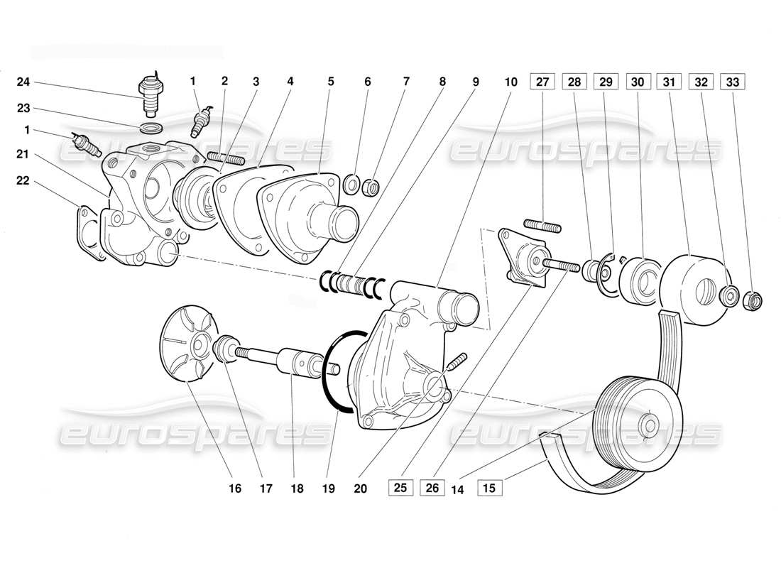 lamborghini diablo (1991) thermostat and water pump (valid for june 1992 version) parts diagram