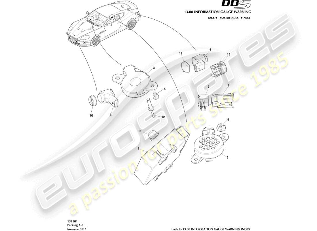 aston martin dbs (2010) parking aid sensors part diagram