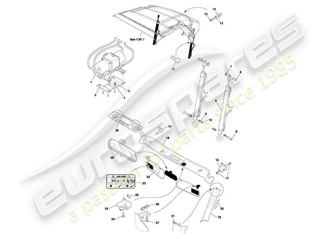 aston martin db7 vantage (2001) volante roof & upper trim part diagram