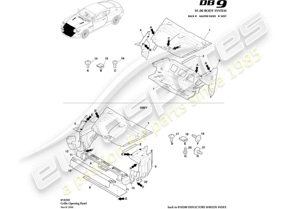 aston martin db9 (2011) grille opening panel part diagram