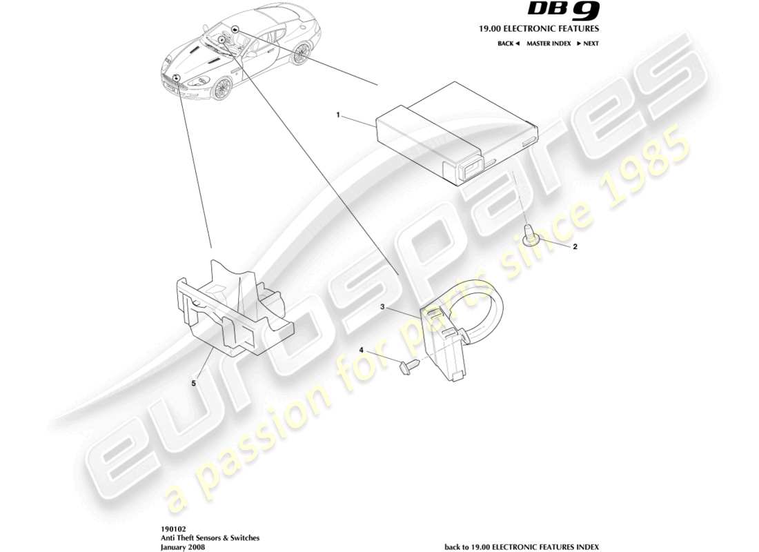 aston martin db9 (2004) anti-theft sensors & switches part diagram