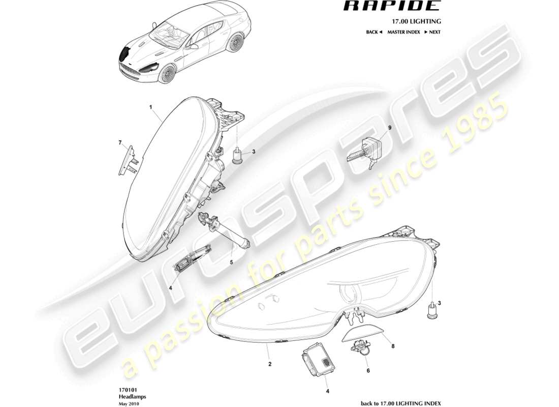 aston martin rapide (2010) headlights part diagram