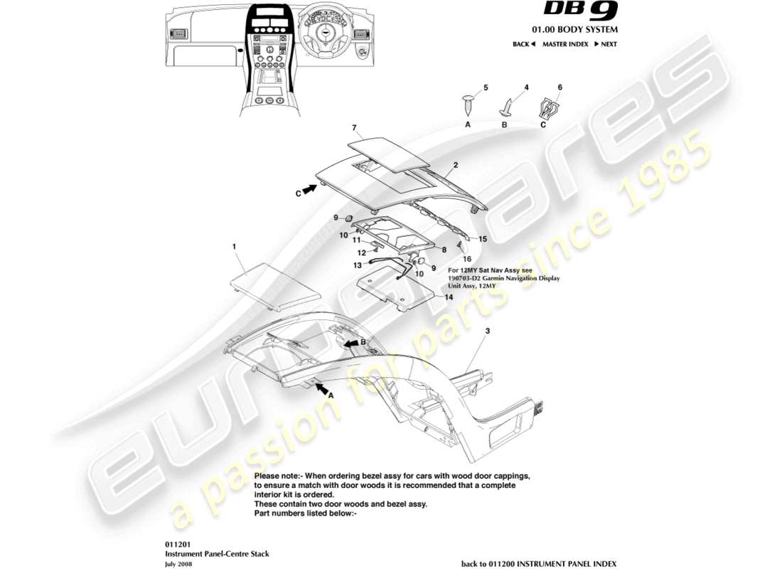 aston martin db9 (2007) instrument panel centre stack parts diagram