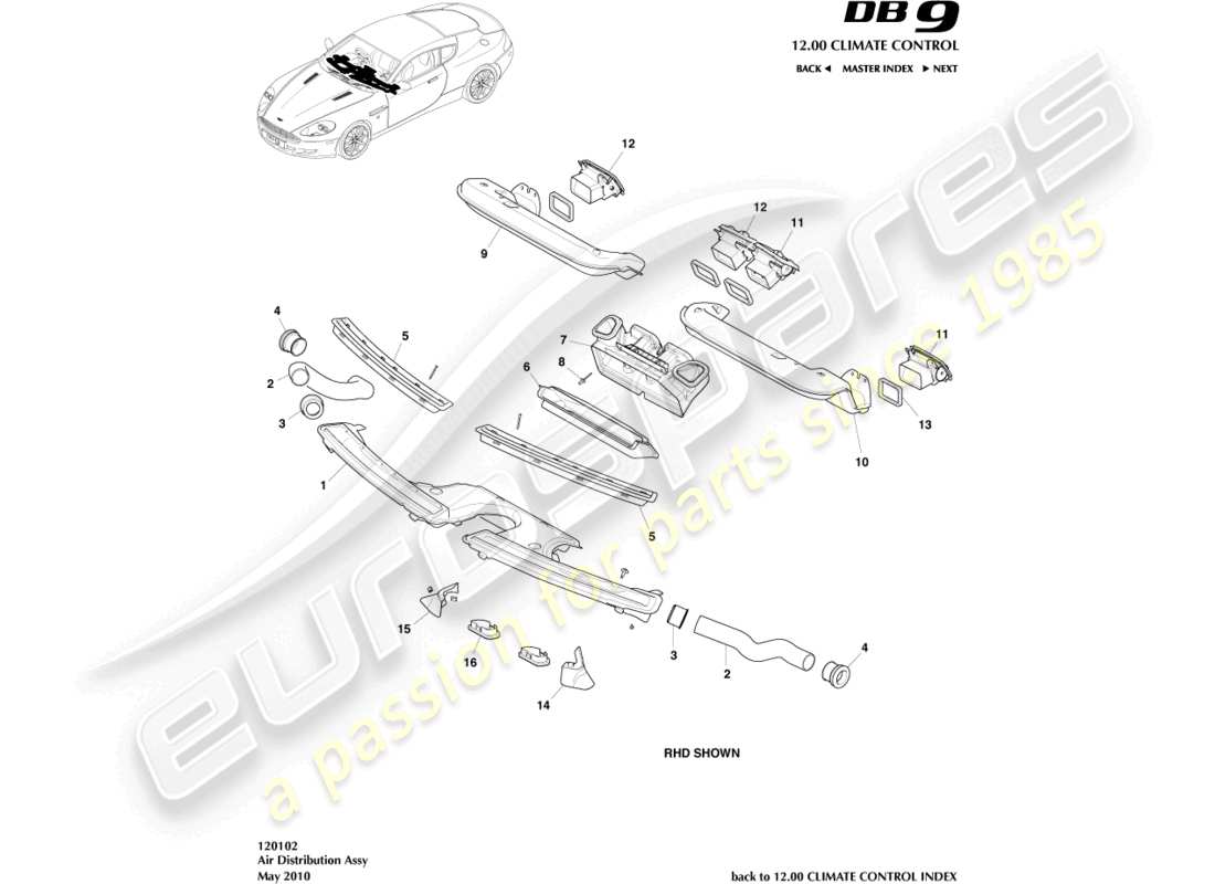 aston martin db9 (2007) air distribution components parts diagram