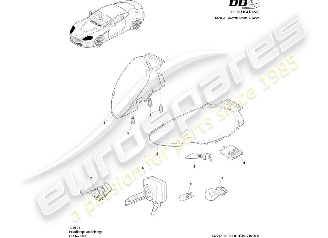 aston martin dbs (2008) headlights part diagram