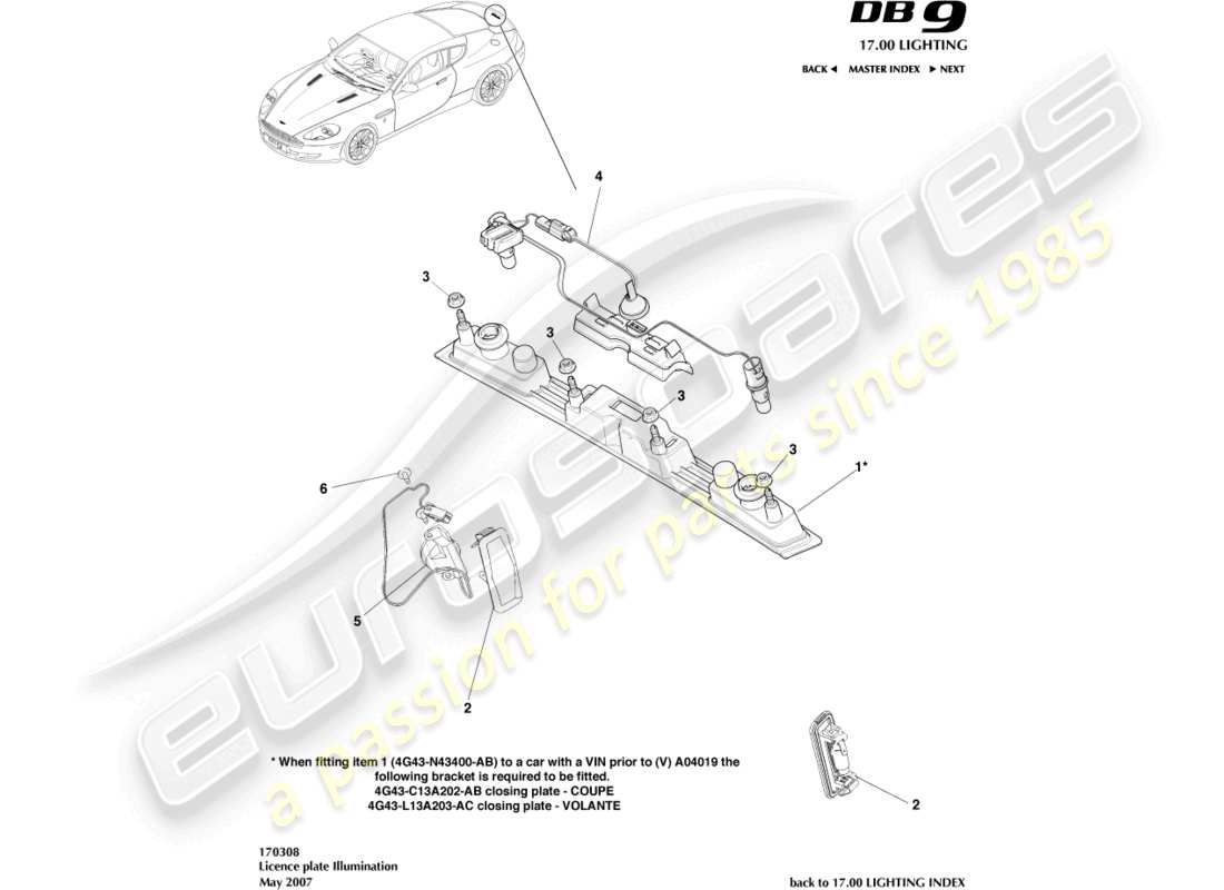 aston martin db9 (2009) license plate lamps part diagram