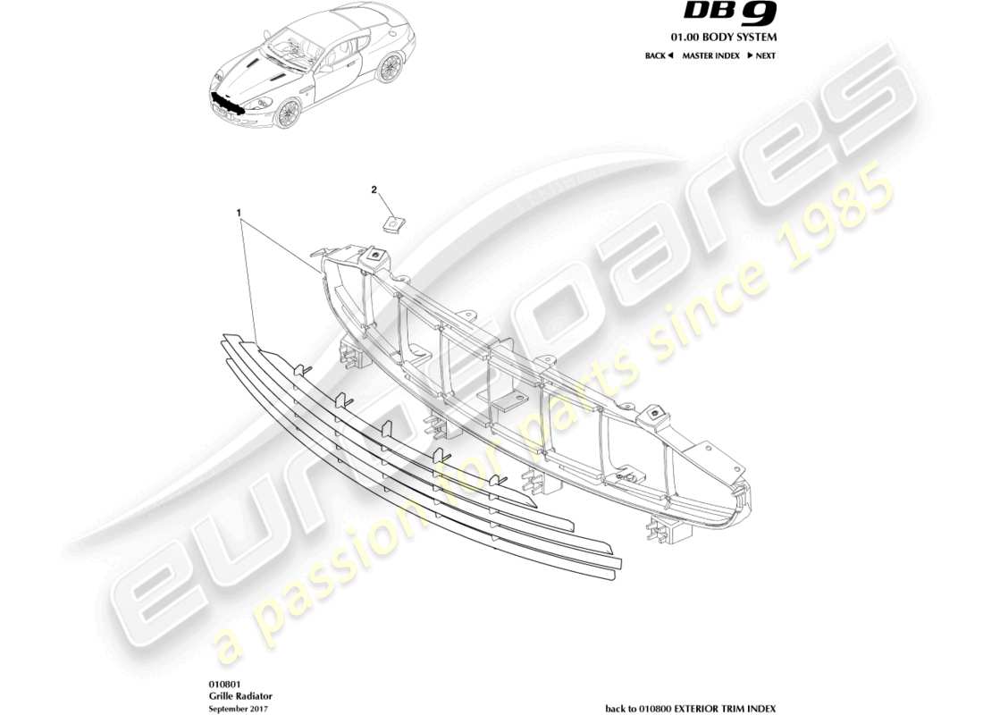 aston martin db9 (2010) radiator grille part diagram