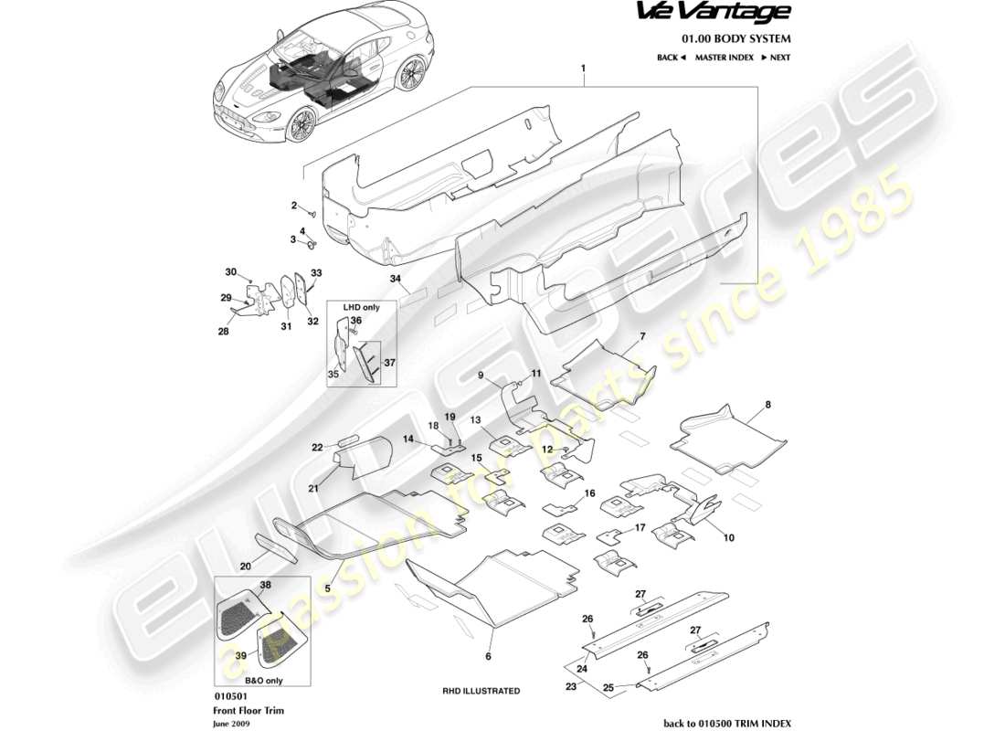 aston martin v12 vantage (2013) floor trim part diagram