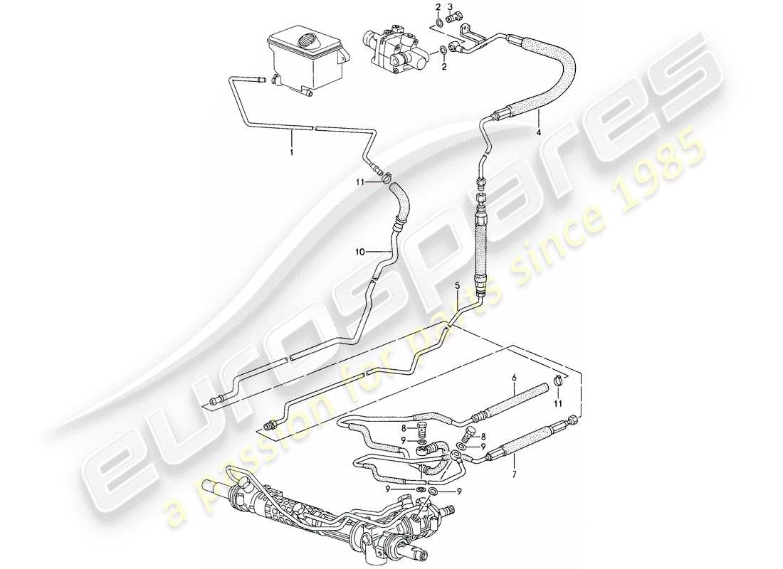 porsche 1998 (993) power steering - lines parts diagram