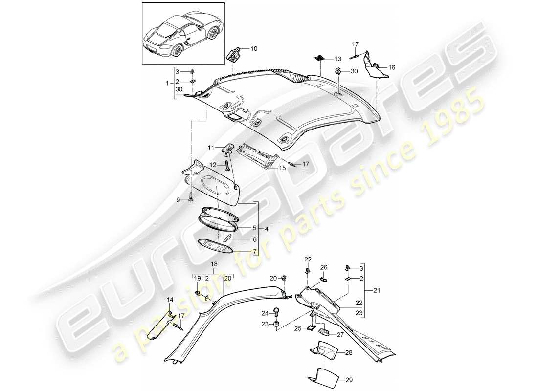 porsche 2008 (987 cayman) roof trim panel part diagram