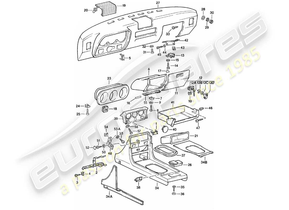 porsche 1982 (924) dashboard - center console part diagram