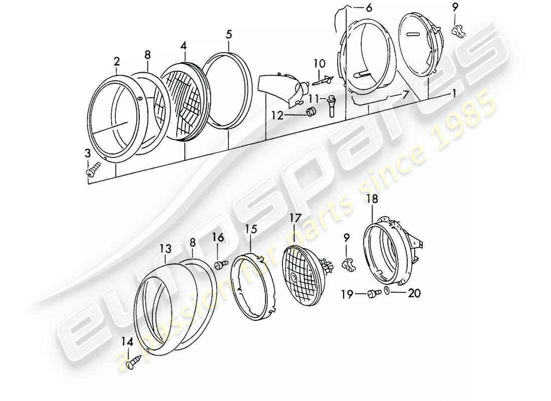 porsche 1971 (911) headlamp part diagram