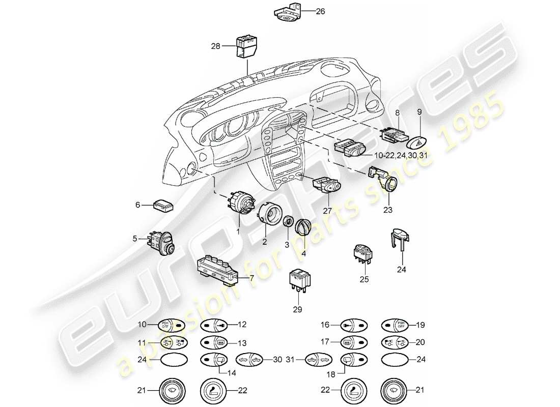 porsche 2004 (996 turbo / gt2) switch part diagram