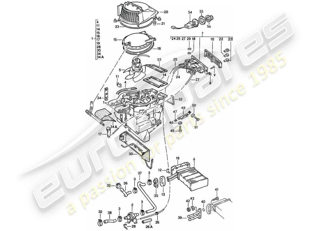 porsche 1979 (924) heater - ventilation - heater core part diagram