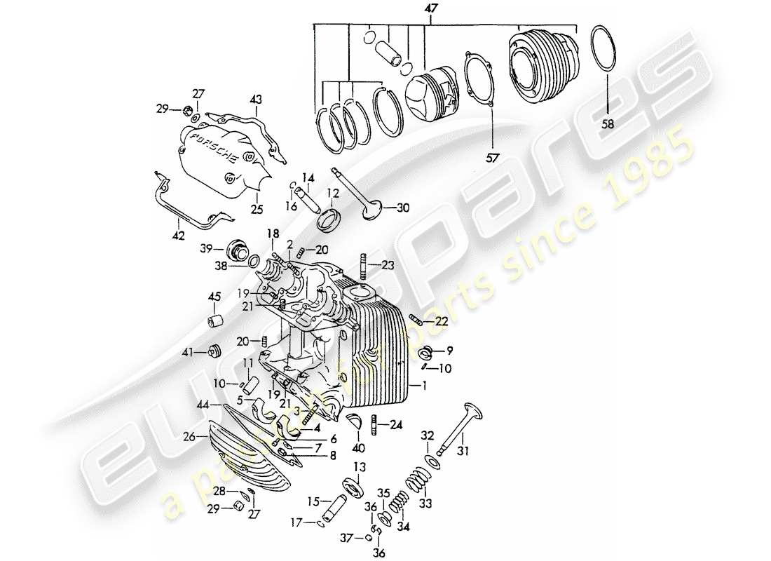 porsche 1964 (356b/356c) cylinder head - cylinder with pistons part diagram
