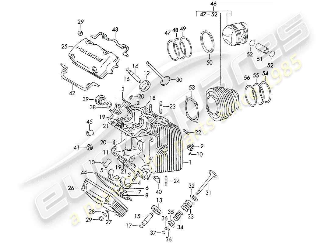porsche 1961 (356b/356c) cylinder head - cylinder with pistons part diagram