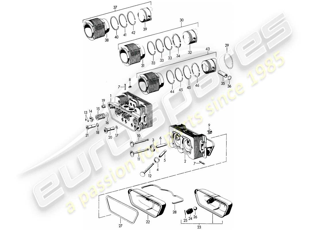 porsche 1962 (356b/356c) cylinder head - cylinder with pistons part diagram