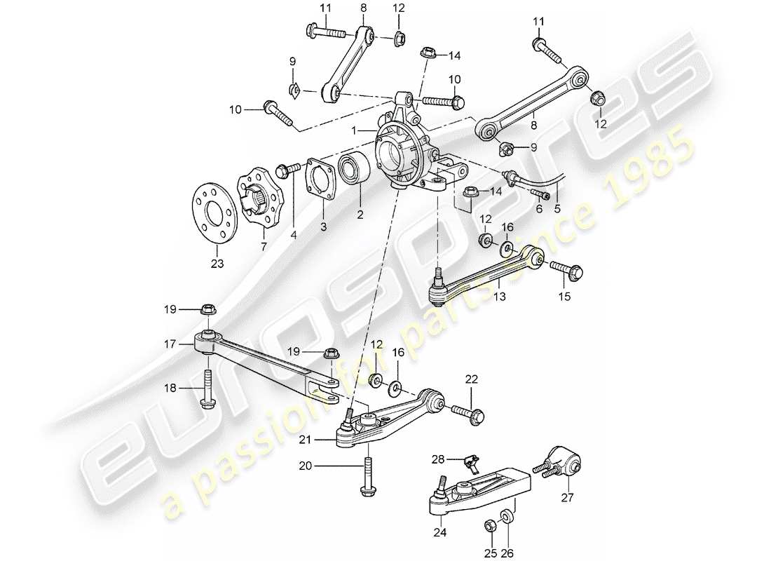 porsche 2001 (996 gt3) rear axle - wheel carrier - upper link - wheel hub part diagram