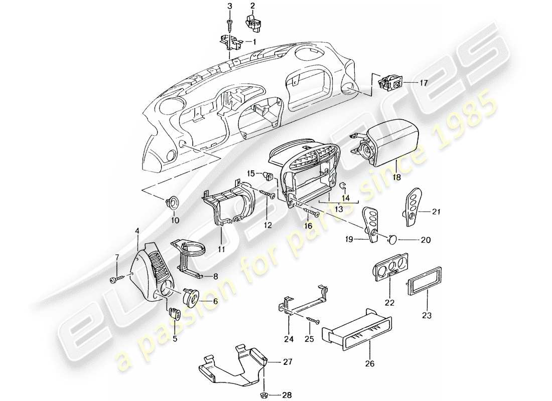 porsche 2005 (996 gt3) accessories - dash panel trim part diagram