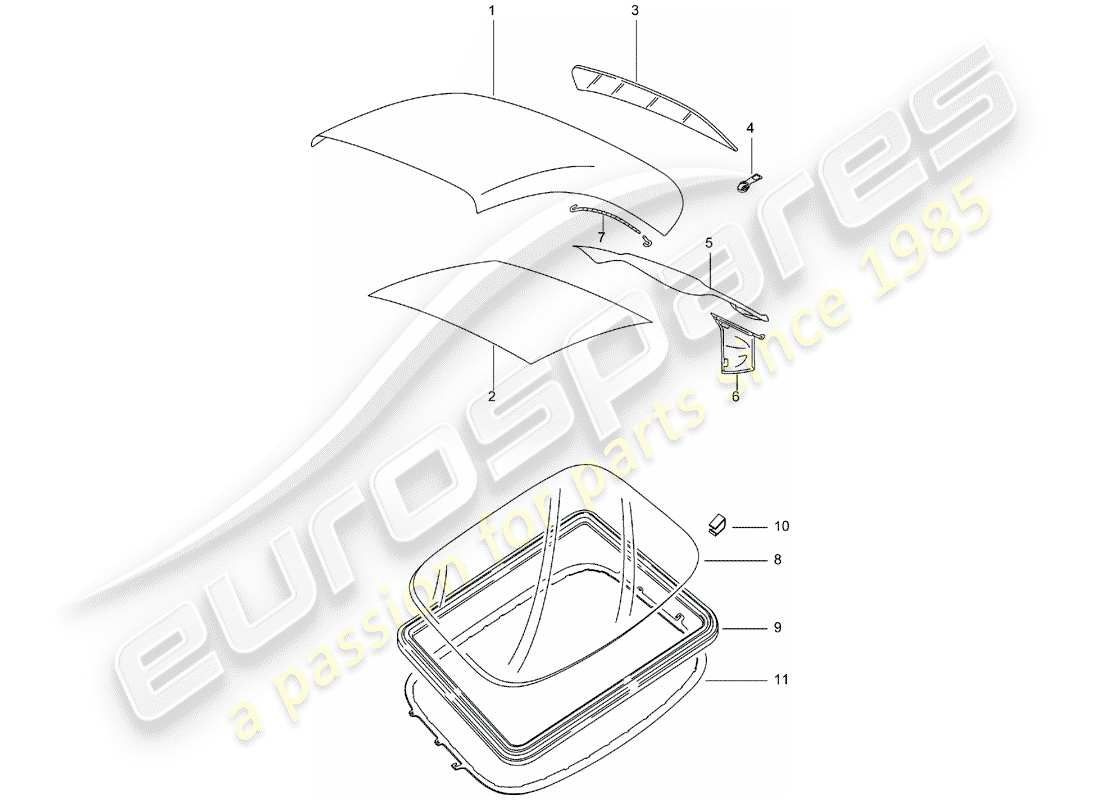 porsche 2004 (996) convertible top covering - roof trim panel part diagram