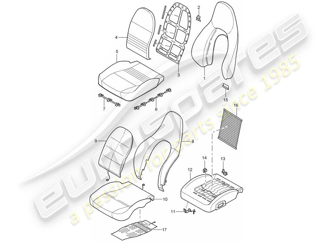 porsche 1997 (986 boxster) seat covers - backrest covers - foam part - standard seat - comfort seat part diagram