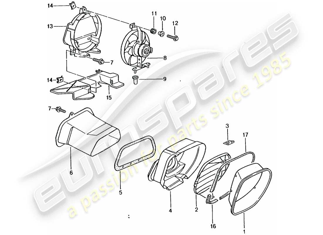 porsche boxster 986 (1997) engine compartment cooling part diagram