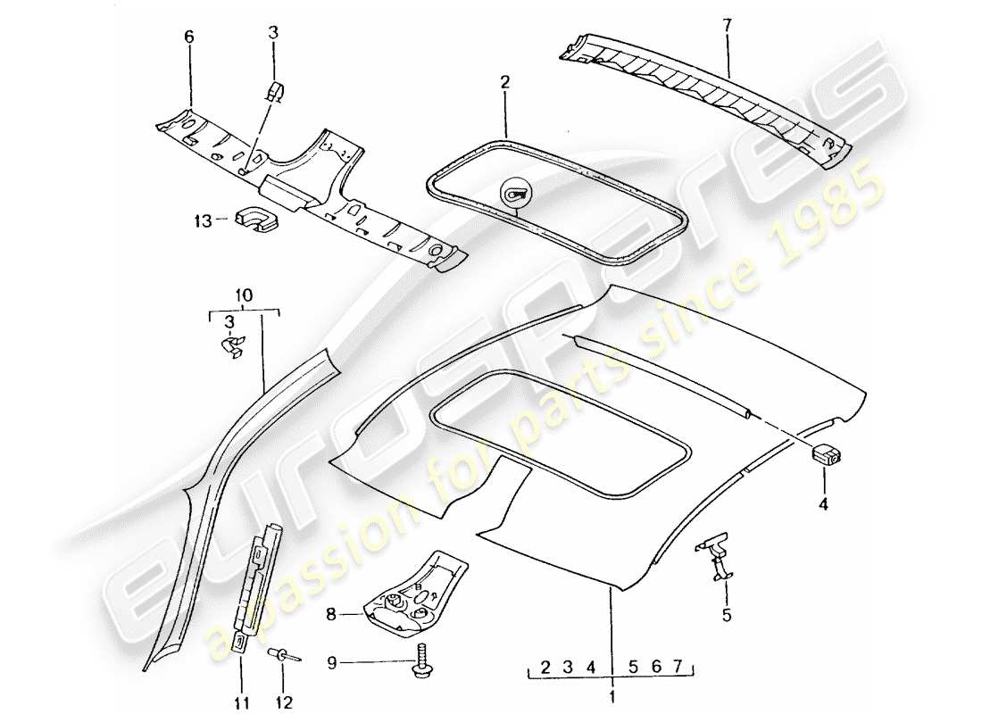 porsche 2002 (996 turbo / gt2) roof trim panel part diagram