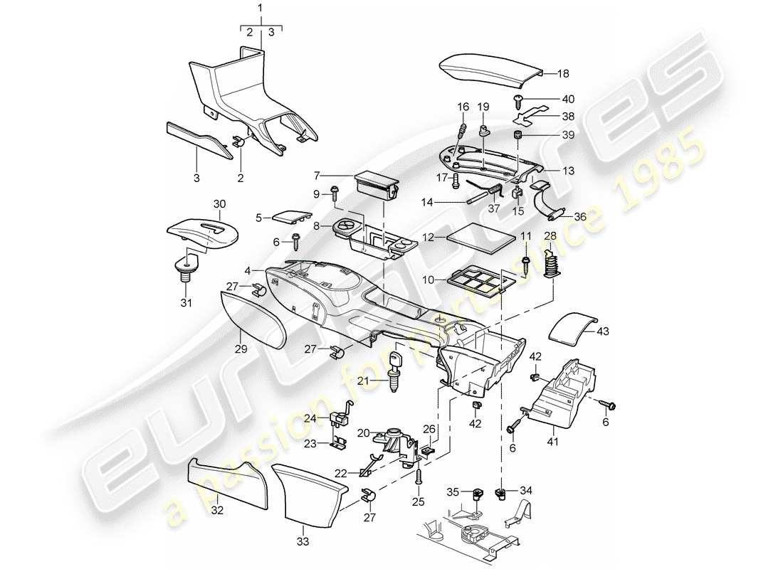 porsche 2005 (996 gt3) center console part diagram