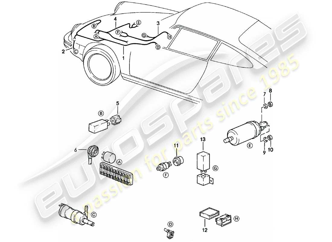 porsche 911 (1978) wiring harnesses - headlight washer system - warning light - fuel pump parts diagram