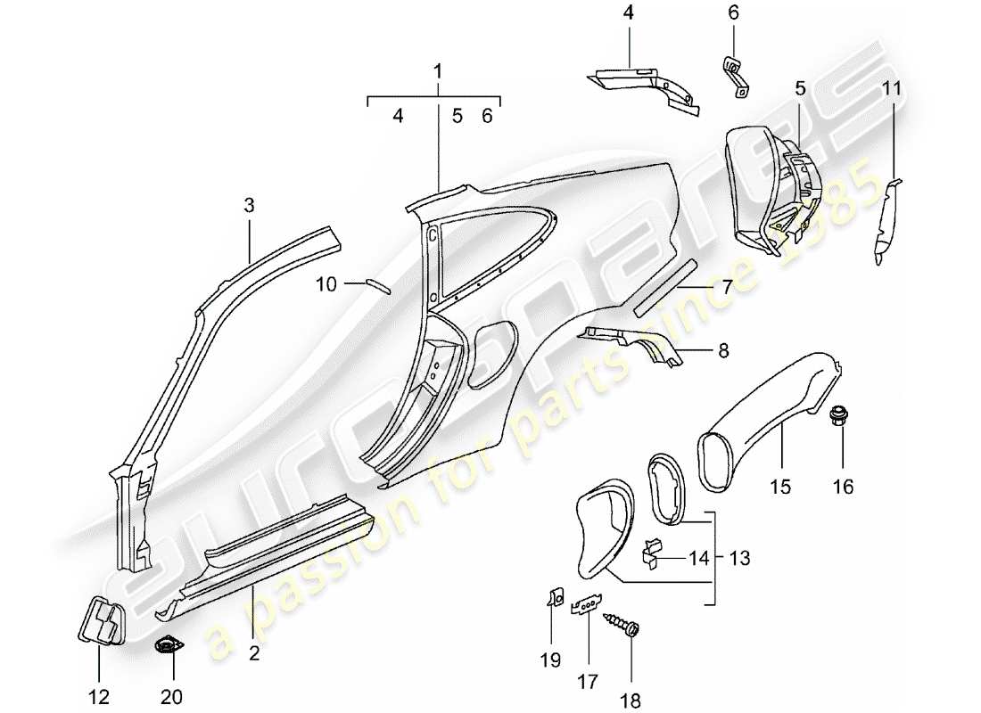 porsche 996 t/gt2 (2002) side panel parts diagram
