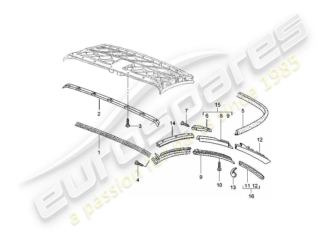 porsche 2001 (996 turbo / gt2) convertible top - seal strip part diagram