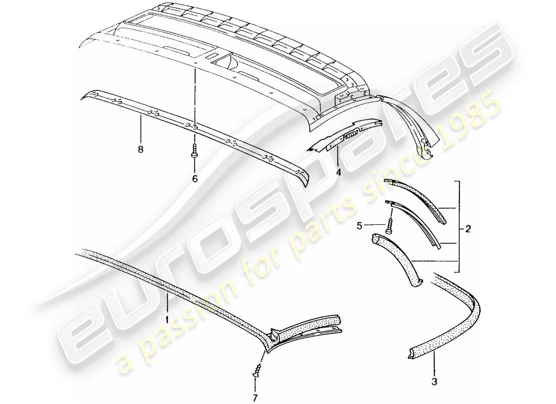 porsche 2001 (986 boxster) convertible top - seal strip parts diagram