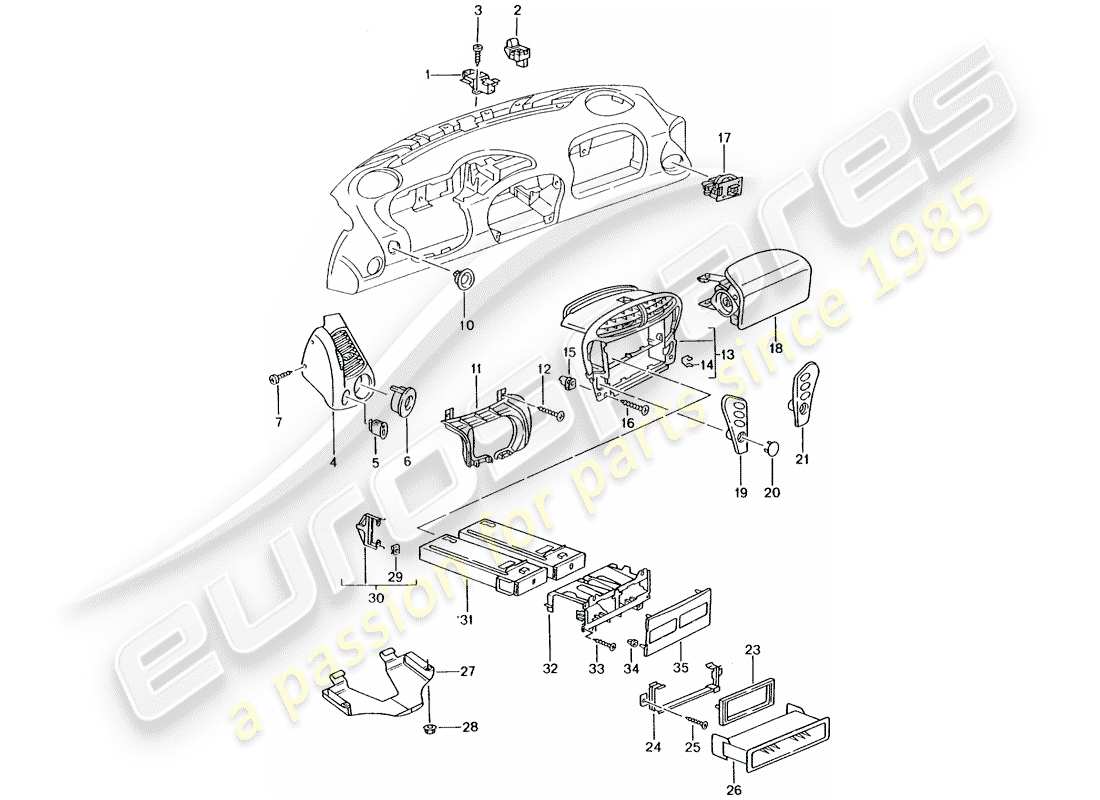 porsche 2002 (996 turbo / gt2) accessories - dash panel trim part diagram