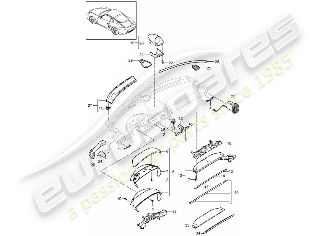 porsche 2010 (987 cayman) dash panel trim part diagram