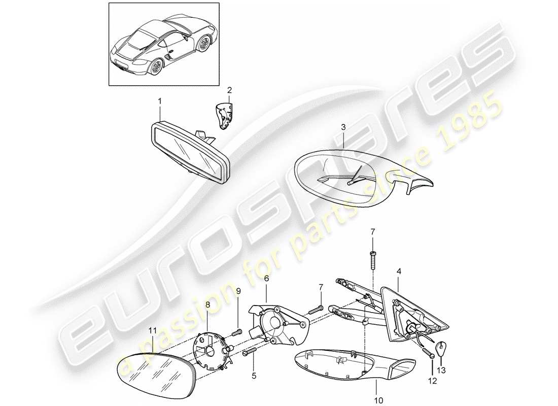 porsche 2010 (987 cayman) rear view mirror inner part diagram
