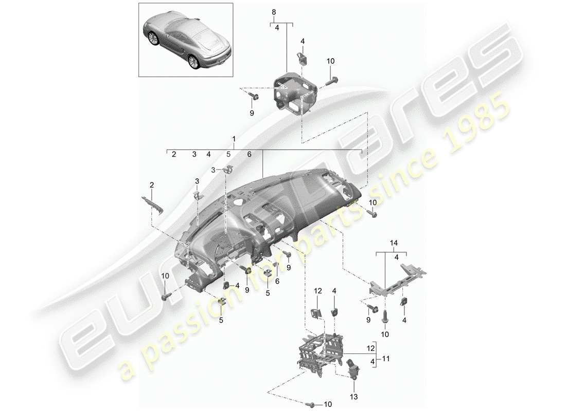 porsche cayman 981 (2014) dash panel trim part diagram