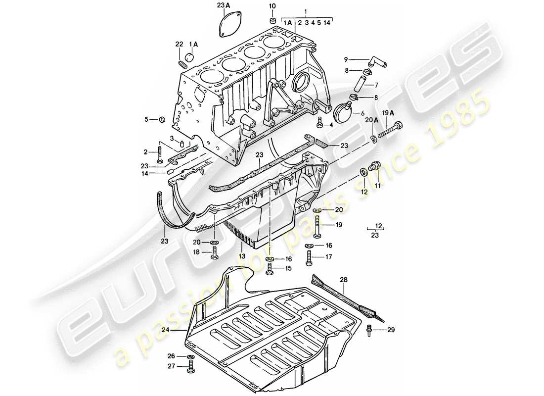 porsche 1977 (924) cylinder block - with pistons - oil pan - protective plate f. engine part diagram